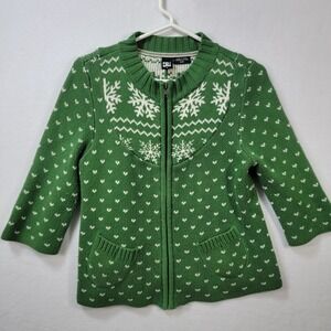 DC Shoes Womens Green & White Snowflake Pattern Zip Cardigan Sweater M